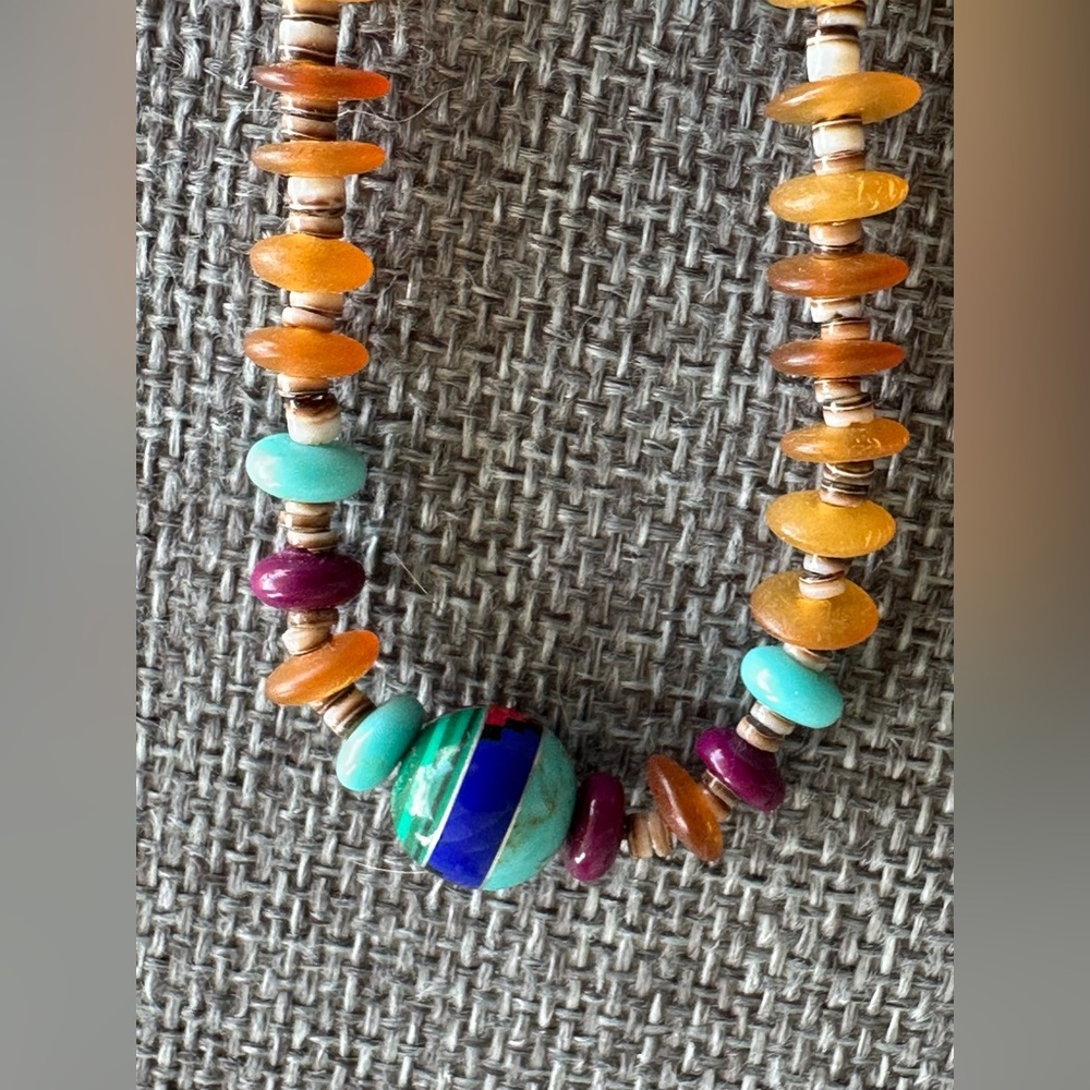 Zuni Amber and Multi Gemstone Beaded Necklace 28"
